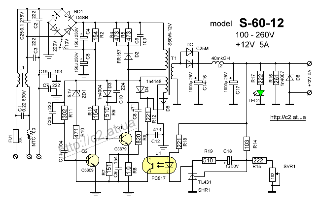 Схема AC-DC преобразователя S-60-12 12V- 5A.